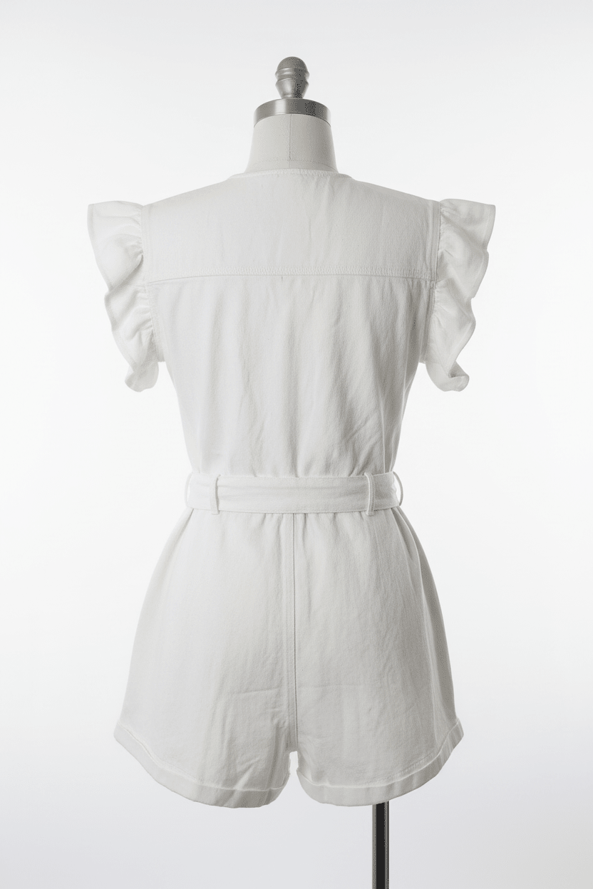 Blue Velvet White Denim Ruffle Cap Sleeve Belted Romper - The Garment Garden Boutique