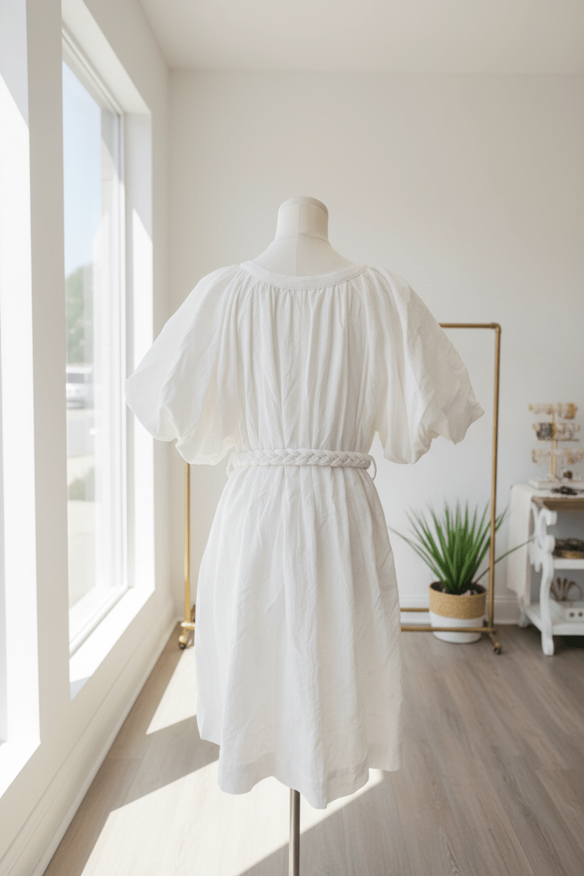 White Puff Sleeve Button-Front knee length Dress with Braided Belt - The Garment Garden Boutique