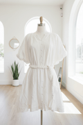 White Puff Sleeve Button-Front knee length Dress with Braided Belt - The Garment Garden Boutique
