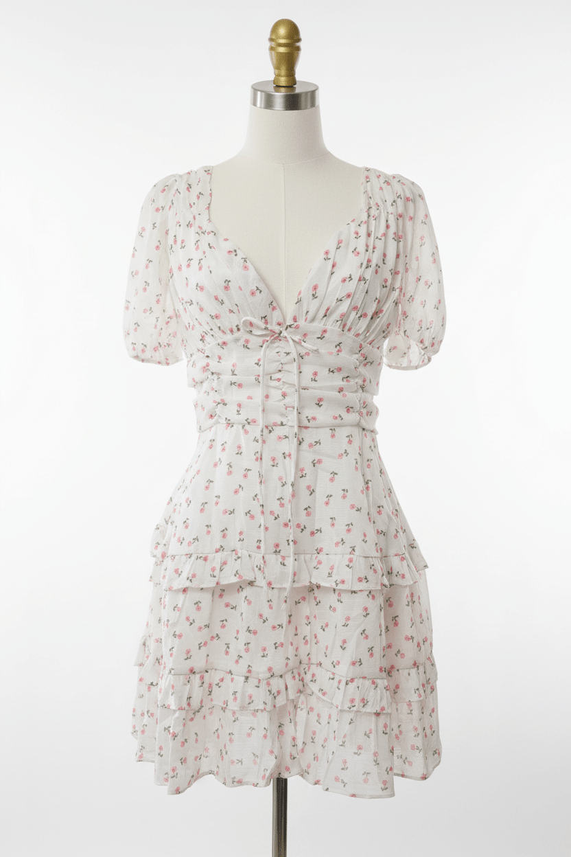 White Ditsy Floral Tiered Ruffle Mini Dress - The Garment Garden Boutique
