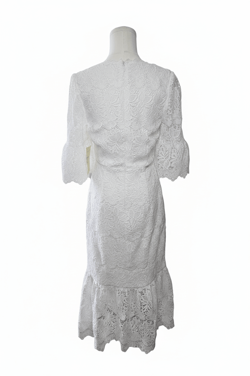White Floral Lace Bell Sleeve Midi Dress - The Garment Garden Boutique
