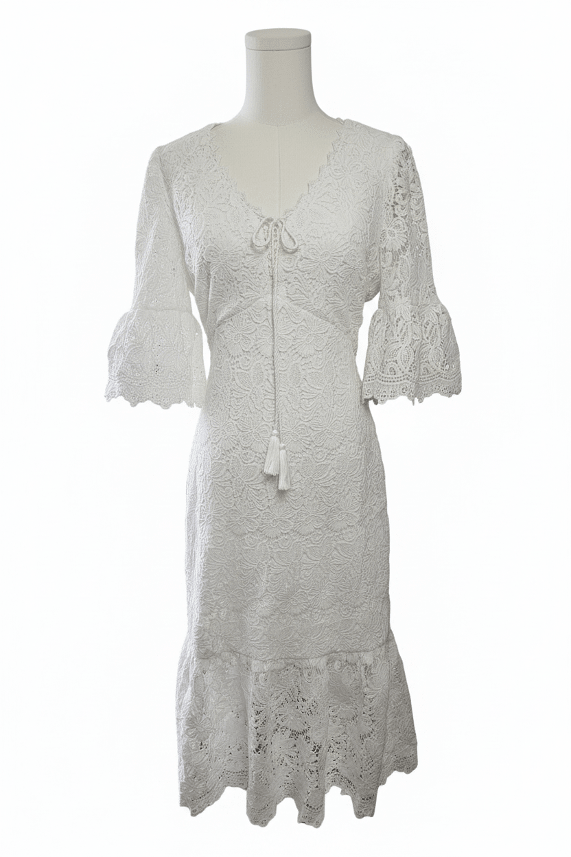 White Floral Lace Bell Sleeve Midi Dress - The Garment Garden Boutique