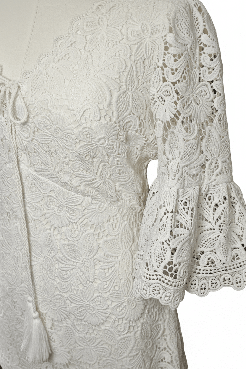 White Floral Lace Bell Sleeve Midi Dress - The Garment Garden Boutique