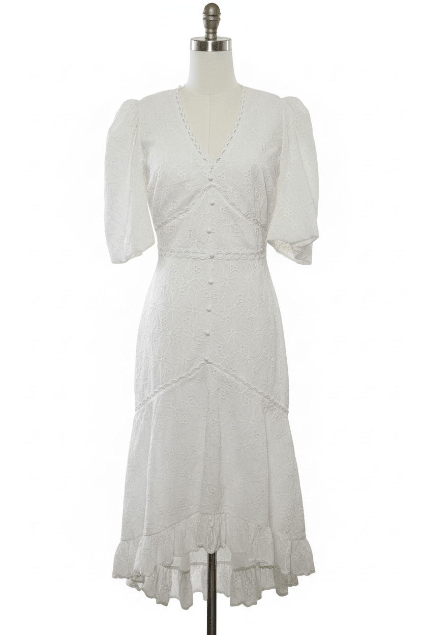White Floral Embroidered Lace Hi-Low Midi Dress - The Garment Garden Boutique